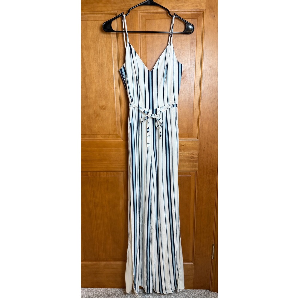 Lovers + Friends Striped Wide Leg Jumpsuit White Blue V-Neck Tie Waist Small